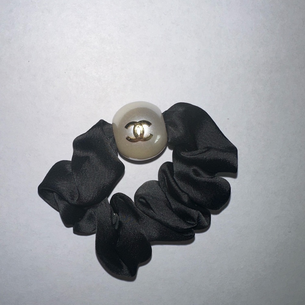 CHANEL Black Silk Hair Tie with Gold Emblem